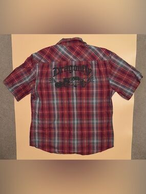 Dragonfly Shirt Mens Large Red Plaid Button Up Hot Rod Graphic Y2K Vintage